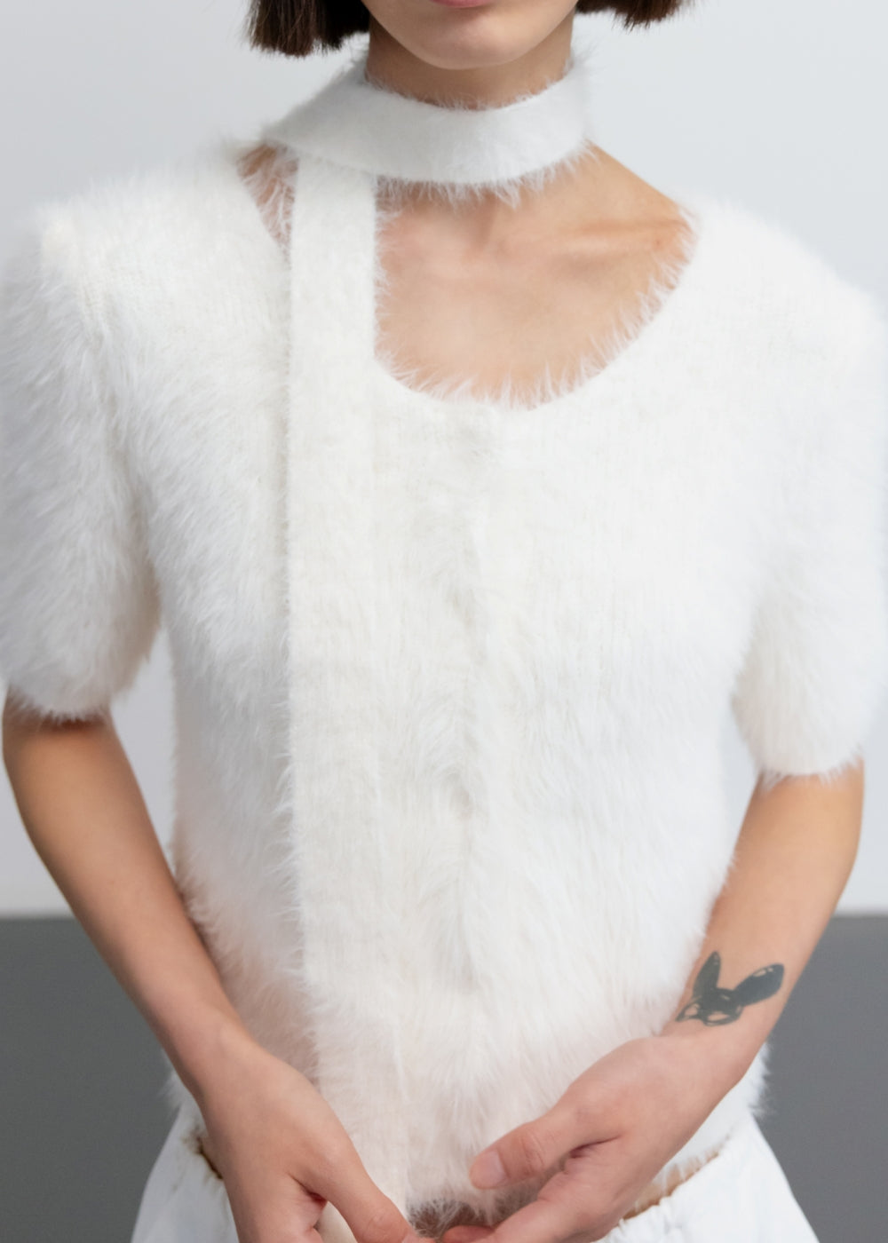 TIE-DETAILED MINK YARN CARDIGAN