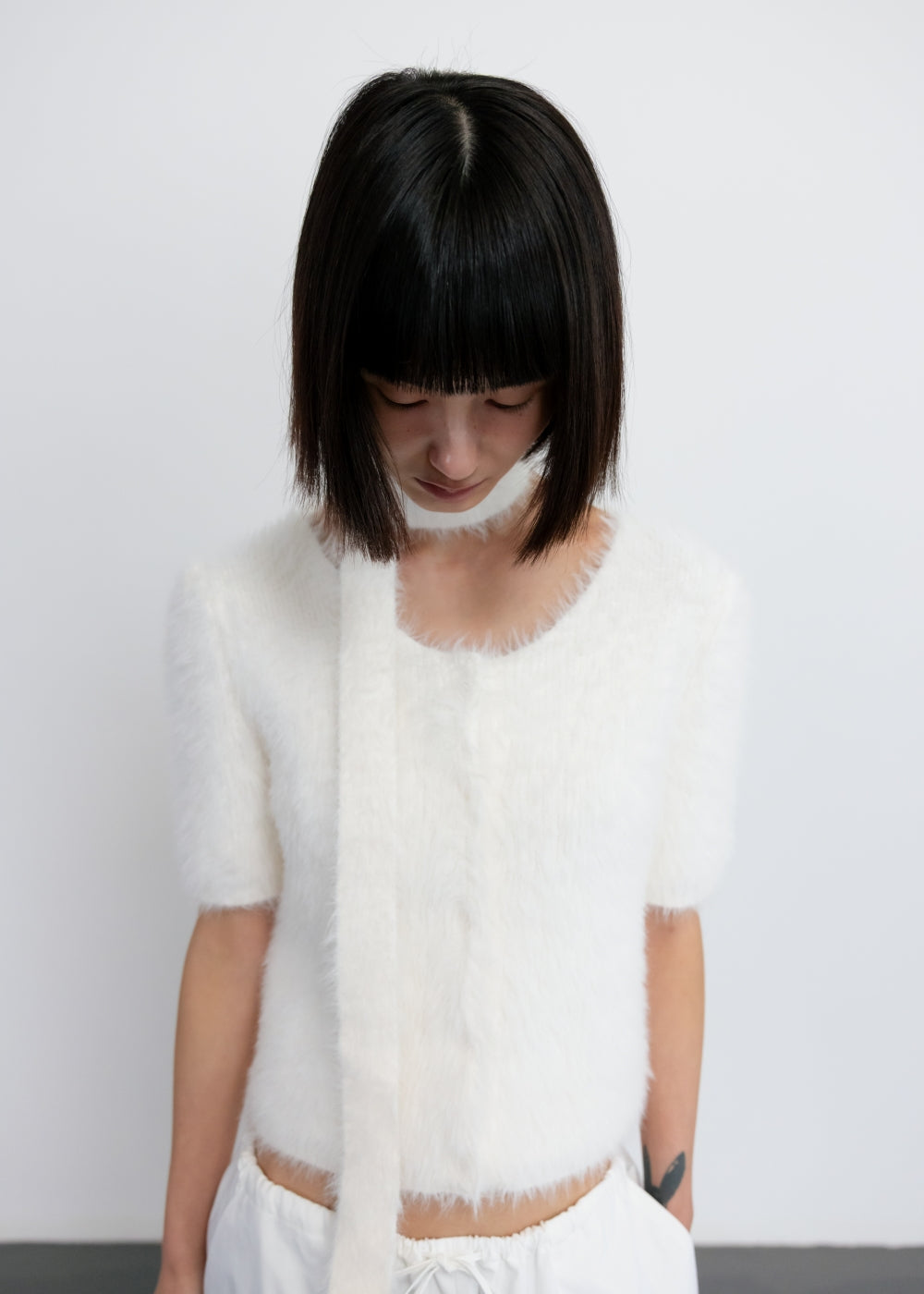 TIE-DETAILED MINK YARN CARDIGAN