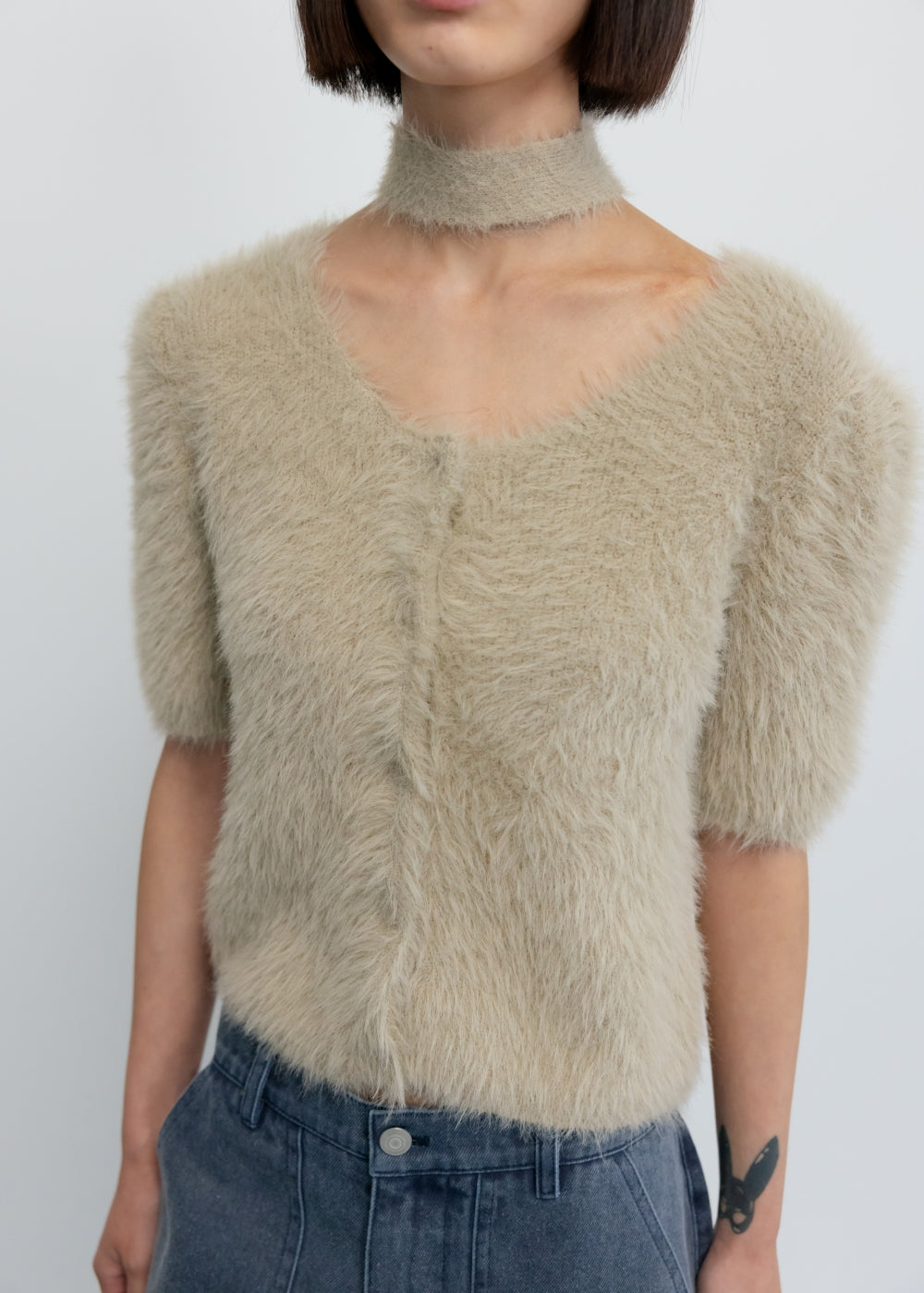 TIE-DETAILED MINK YARN CARDIGAN